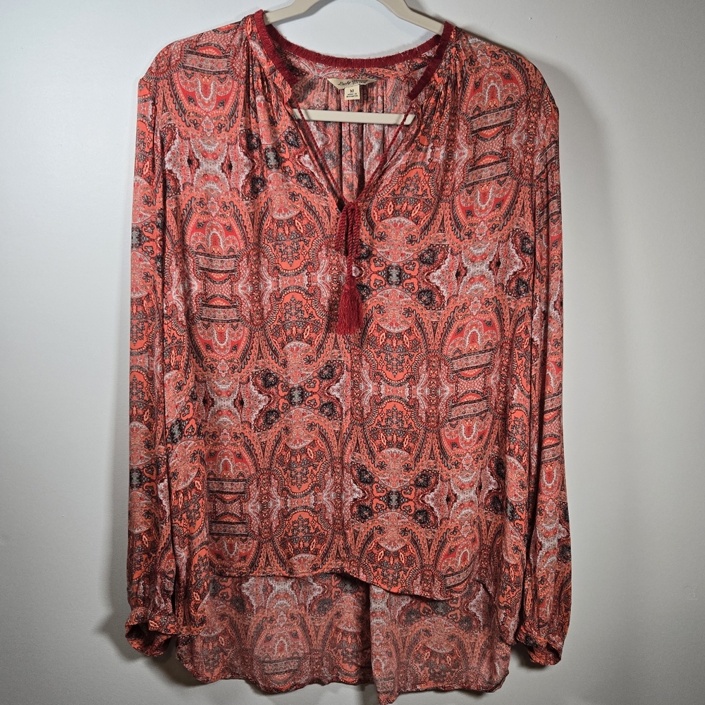 Lucky Brand Red Paisley Sheer Blouse Women’s Size M Boho Flowy‎ Tunic Top